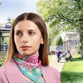 Woman wearing a colourful floral silk twill scarf with a park background - Pavilion Buxton